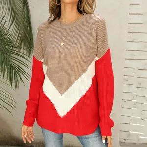 Women's Casual Color Block Striped Knit Sweater Long Sleeve Drop Shoulder Pullover Fall Winter Acrylic Fashion Top