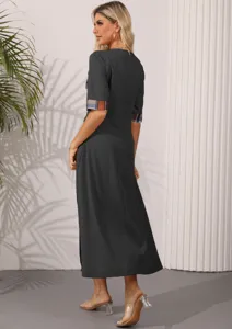 Retro Karo Patchwork Midi Kleid mit kurzen Ärmeln und Rundhalsausschnitt Detail