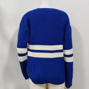 Women stylish striped knit sweater autumn winter casual long sleeve blue pullover top