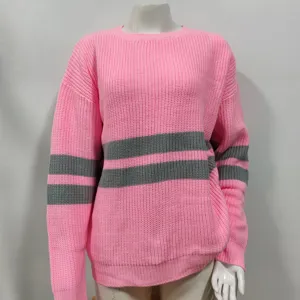 Detail view of women pink knit sweater with grey stripes, casual soft fabric style texture.