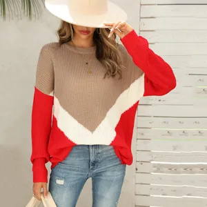 2025 Autumn Winter Color Block Sweater V Stripe Drop Shoulder Knit Pullover Top for Women