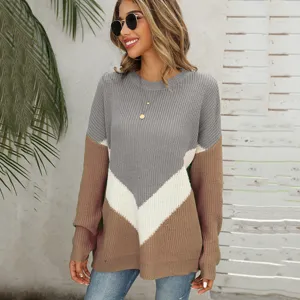 Stylish women's color block chevron knit sweater long sleeve crewneck casual pullover