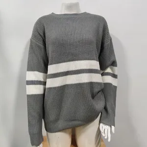 Women gray striped knit sweater autumn winter fashion casual long sleeve pullover top