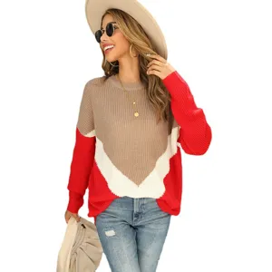 Women's stylish colorblock knit sweater casual drop shoulder pullover autumn top