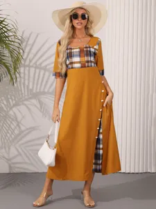 Damen Retro Karo Patchwork Midi Kleid Kurzarm Sommer Freizeit Langes Kleid mit Knöpfen