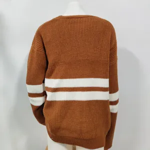 Back detail view of the brown knit sweater featuring stylish white horizontal stripes for women.