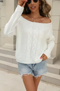 White off-the-shoulder cable knit sweater for women, elegant pullover casual winter top.