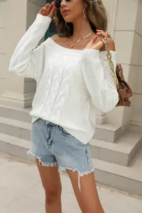 White off-the-shoulder cable knit sweater, casual chic long sleeve pullover top.