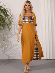Vintage Kariertes Kurzarm Damen Maxikleid Hohe Taille A-Linie Langes Kleid Elegant Neu