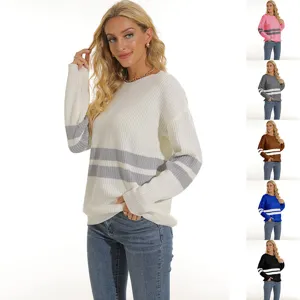 Women Striped Knitted Sweater Acrylic Round Neck Long Sleeve Pullover Casual Streetwear Knitwear Autumn Winter Fashion Top