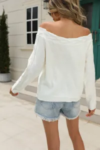 Women's off-the-shoulder white knit sweater, casual long sleeve pullover top for autumn winter.
