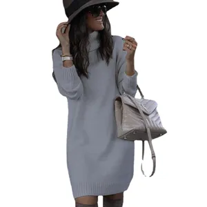 Damen Einfarbig Rollkragen Langarm Pullover Kleid Freizeit Grau Winter Strickware Top