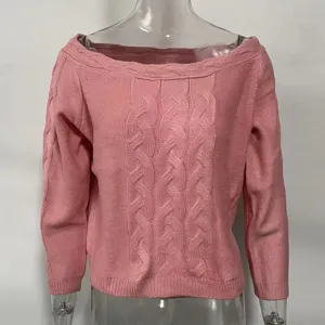 Pink off-shoulder cable knit sweater for women, casual autumn winter daily pullover top.