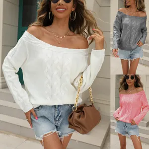 Women Elegant Off-Shoulder Cable Knit Sweater Long Sleeve Acrylic Pullover Solid Color Autumn Winter Casual Knitwear Top
