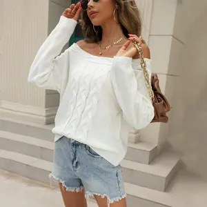 Women off shoulder cable knit sweater long sleeve pullover casual solid white winter top