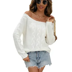Women off shoulder cable knit sweater casual long sleeve pullover winter warm top