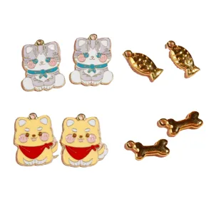 Cute animal alloy charms set including cats, dogs, fish and bones for DIY jewelry making.