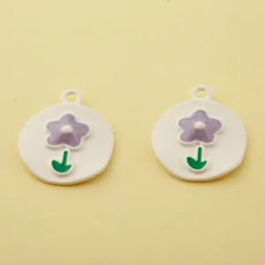 DIY enamel flower alloy charms, white round pendants with purple floral design for bracelets