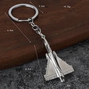 Metal fighter jet keychain with dimension and weight markings, durable alloy keyring pendant.