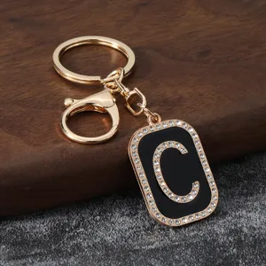 Gold metal rhinestone letter C keychain charm purse pendant luxury accessories key ring gift