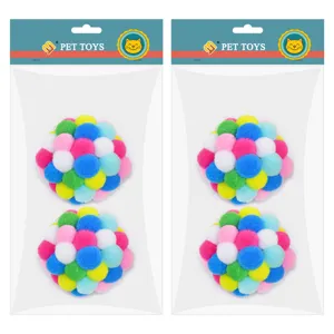 Colorful pom pom cat toy with bell 6cm fluffy interactive pet play ball for kittens playing supply.