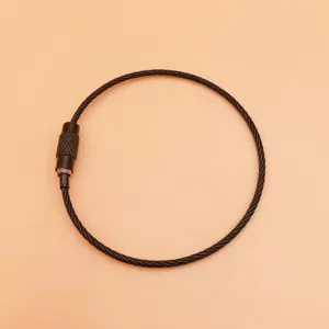 Portachiavi in cavo di filo metallico nero anello di bloccaggio a vite per bracciale