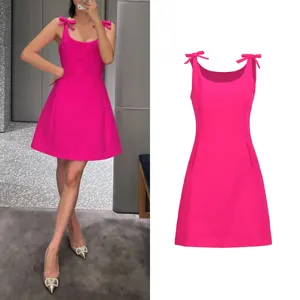 Knalliges pinkes Mini-Kleid mit Schleifenträgern, ärmelloses A-Linien Partykleid für Damen chic.