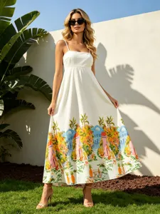 Summer resort style floral print spaghetti strap maxi dress, high waist long dress for women.