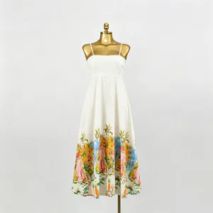 Elegant resort style floral print spaghetti strap high waist long maxi dress for women summer