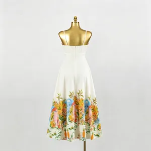 White floral resort slip dress with tropical hem print, elegant high waist midi dress.