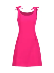 Robe courte trapèze sans manches rose vif avec jolis nœuds sur les épaules mode femme vue