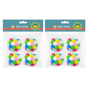 Colorful pom-pom cat toys 4-pack, safe plush interactive balls for indoor kittens and pets.