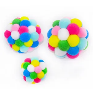Colorful plush pom pom cat toy interactive fuzzy balls set for pet play and training 3pcs