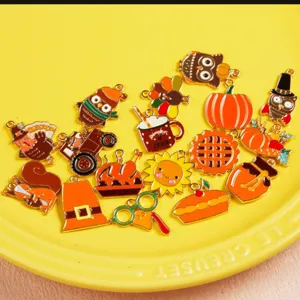 Thanksgiving enamel charms set, cute pumpkin owl and turkey alloy pendants for DIY jewelry.