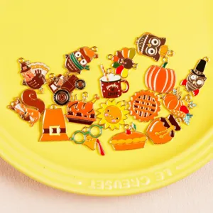 Thanksgiving enamel charms set, cute pumpkin turkey owl metal pendants for DIY jewelry crafts.