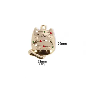 Gold zinc alloy Christmas cat pendant with enamel lights, size 29x22mm, perfect DIY jewelry making.