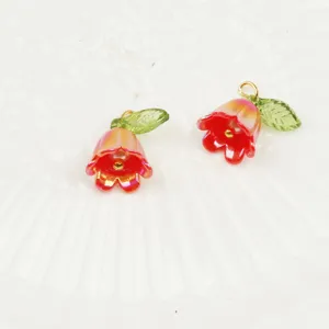 Détail de breloque fleur muguet rouge, pendentif pour fabrication bijoux DIY feuille verte 2pcs