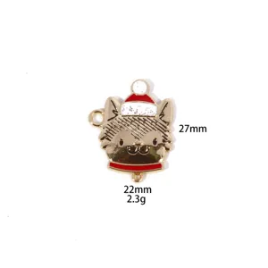 Christmas dog metal charm pendant detail, gold tone zinc alloy with red enamel hat, 27mm