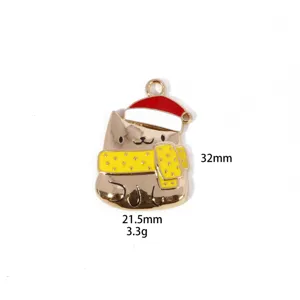 Close-up detail of the cute Christmas cat metal pendant with red hat and yellow scarf.
