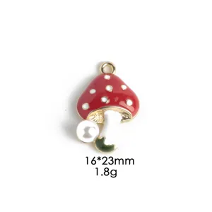 Cute red mushroom enamel pendant charm with pearl, metal DIY jewelry accessory 16x23mm.