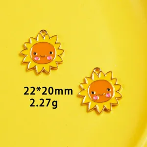 Detailed close-up of cute sunflower enamel charm, alloy diy jewelry accessory pendant.