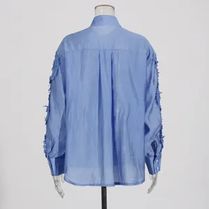 Vista trasera detallada de la blusa azul de manga larga con bordado de encaje fino.