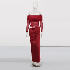 Detailed view of the red off-the-shoulder long sleeve sheer mesh bodycon maxi dress.