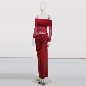 Close-up view of the sexy red off-shoulder long sleeve mesh dress with pleated details.