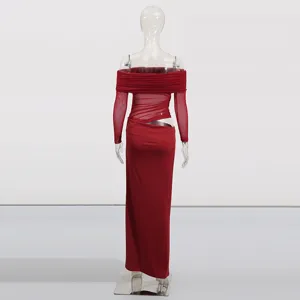 Detail view of the red off-shoulder long sleeve mesh see-through tight long dress.