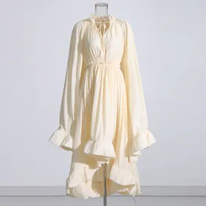 Robe mi-longue vintage française à manches longues et volants taille haute plissée femme