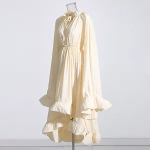 Robe longue vintage française à manches longues plissée à volants pour femme élégante