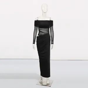Off-shoulder mesh long sleeve sheer ruched bodycon detail view of black long dress.