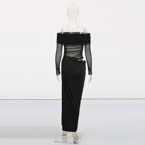 Black sheer mesh off-shoulder long sleeve bodycon dress detail view, elegant textured fabric.