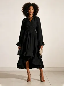 Robe Longue pour Femmes Style Palais Rétro Français à Manches Courtes Taille Châle Plissée à Volants Couleur Unie Élégante